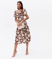 New Look Brown Floral Satin Tie Back Midi Dress